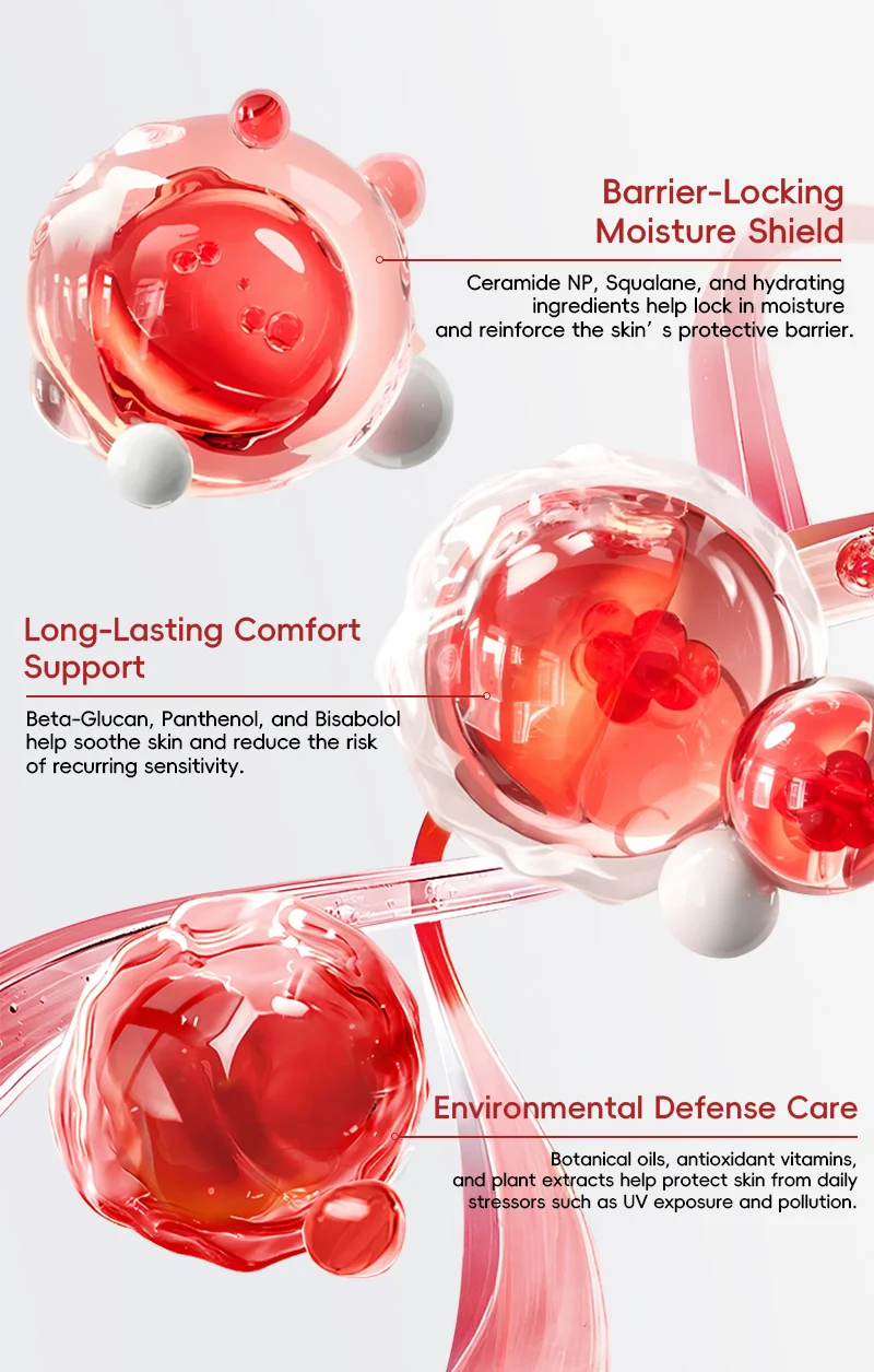 Abstract red biomolecules illustrating skincare benefits like barrier-locking moisture shield, comfort support, and environmental defense care.